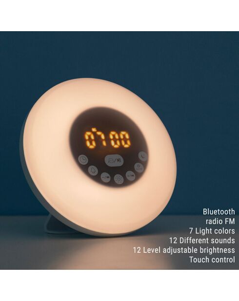 Réveil matin rechargeable avec enceinte Sunrilk blanc -D. 16 x 9 cm