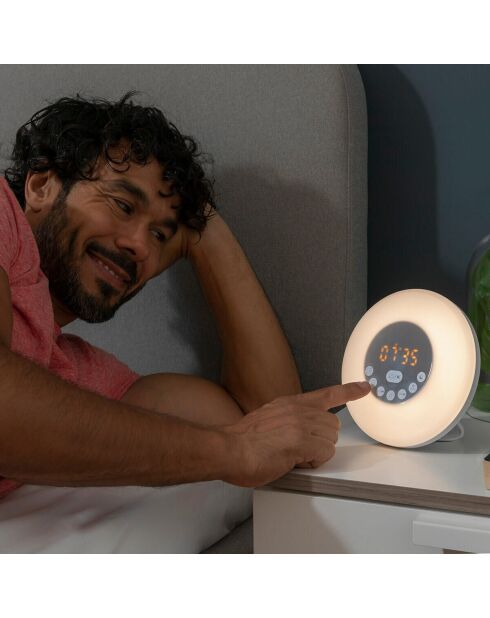 Réveil matin rechargeable avec enceinte Sunrilk blanc -D. 16 x 9 cm