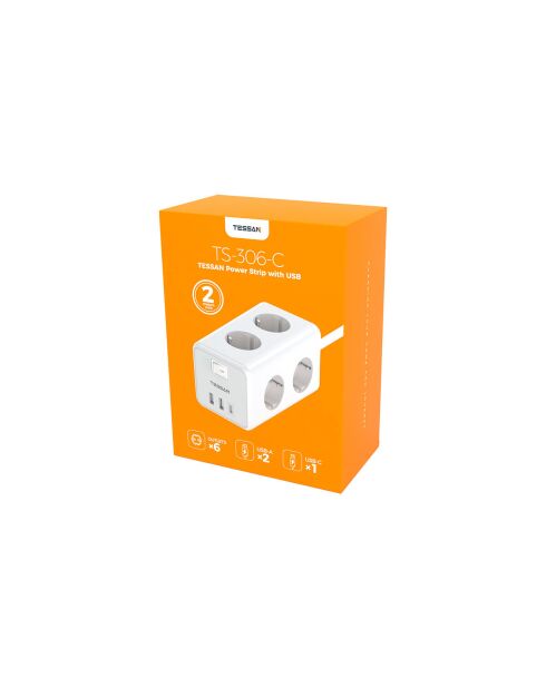 Regleta de 6 tomas con interruptor Tessan TS-306-C gris - 10 x 7,6 x 7,6 cm