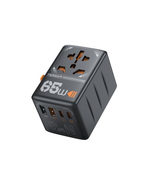 Tessan TS-WTA03 GaN zwarte GaN universele reisstekkeradapter - 7,7 x 5,35 x 5,5 cm