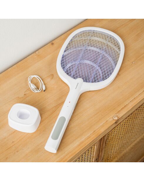 Raquette anti-insectes rechargeable 2 en 1 avec lumière UV Elecfly blanche - 3,3 x 52,5 x 21,6 cm
