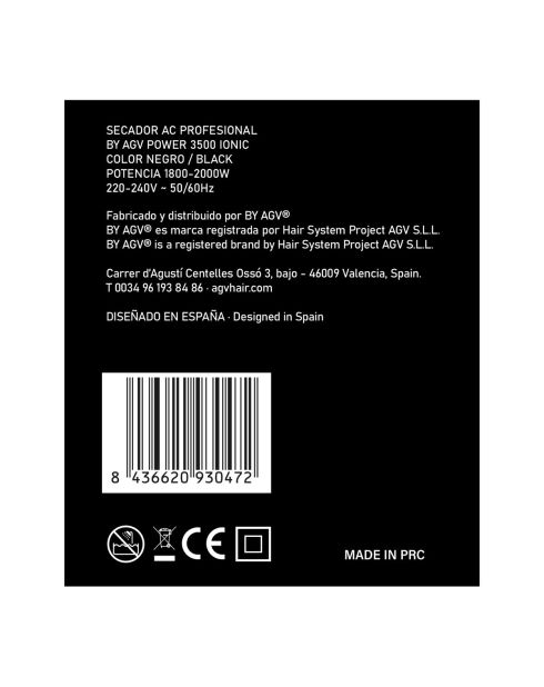Sèche-cheveux By AGV POWER 3500 Moteur AC noir