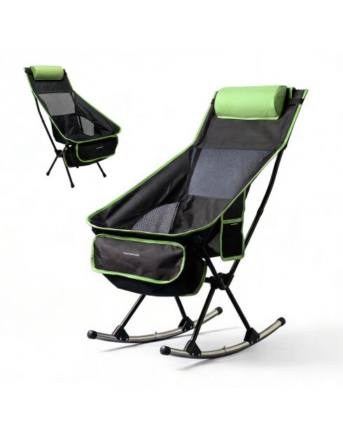 Chaise berçante de camping pliante 2 en 1 avec poche, coussin et sac de transport Trillow noir/vert - 58 x 90 x 72 cm