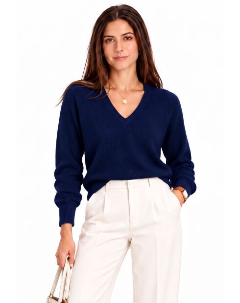 Pull col V à manches raglan longues, coupe ballon Jude bleu nuit
