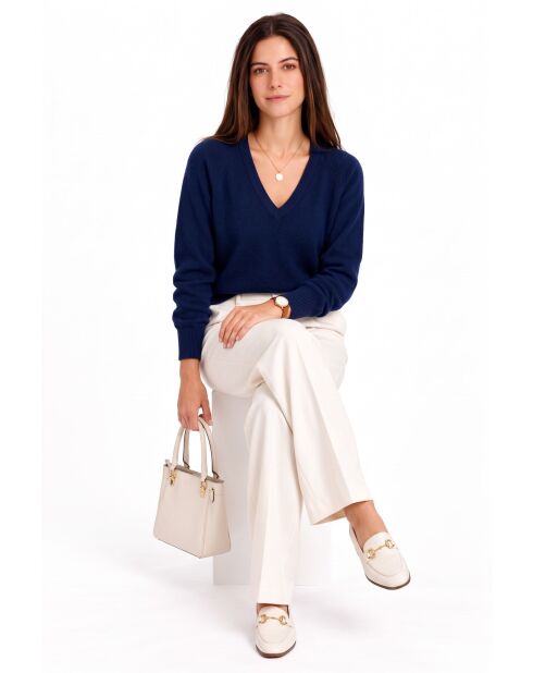 Pull col V à manches raglan longues, coupe ballon Jude bleu nuit