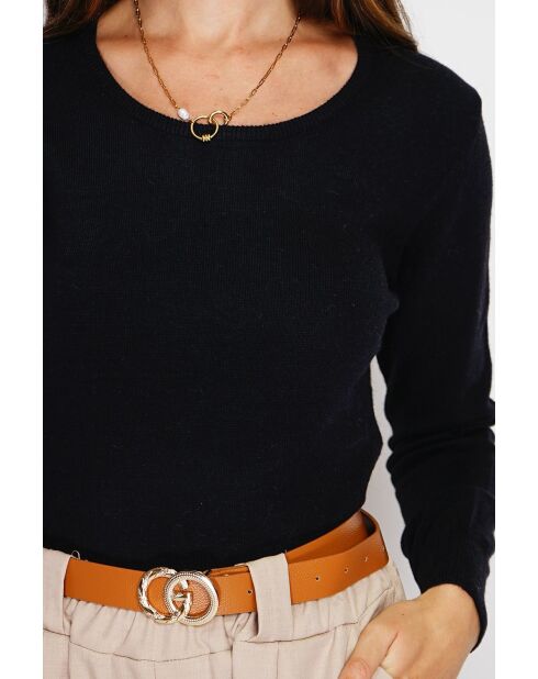 Pull col rond classique à manches longues tricotage en 2 fils Joséphine noir