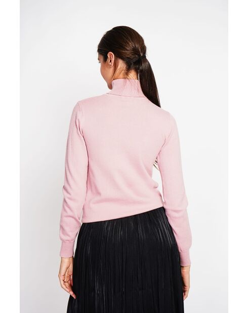 Pull col roulé classique à manches longues tricotage en 2 fils Isabelle rose poudré