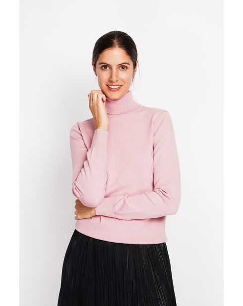 Pull col roulé classique à manches longues tricotage en 2 fils Isabelle rose poudré