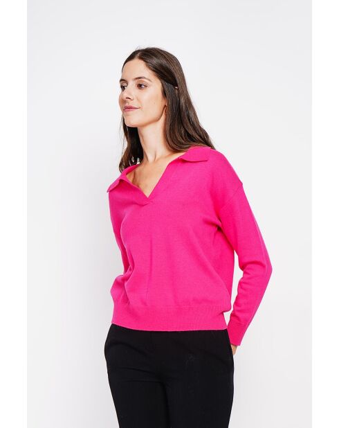 Pull col polo en V oversize à manches longues Hélène fuchsia