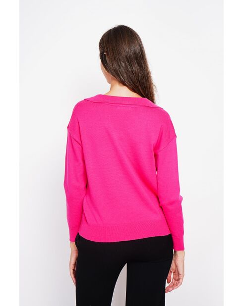 Pull col polo en V oversize à manches longues Hélène fuchsia