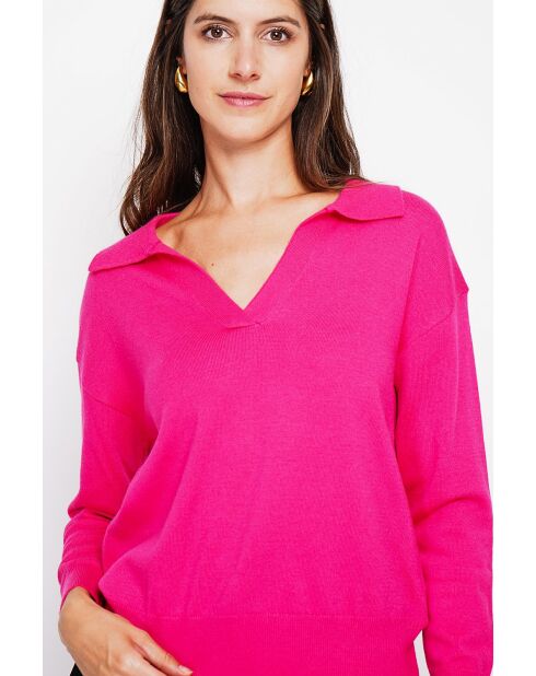 Pull col polo en V oversize à manches longues Hélène fuchsia