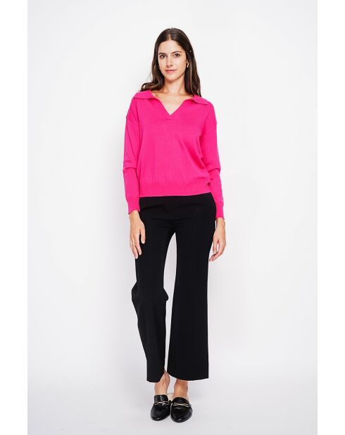 Pull col polo en V oversize à manches longues Hélène fuchsia