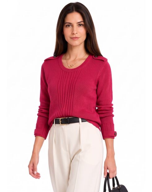 Pull col rond côtelé à boutons à l'épaule, manches longues Ava fuchsia