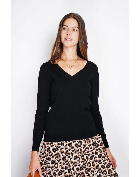 Pull col V classique à manches longues tricotage en 2 fils Grey noir