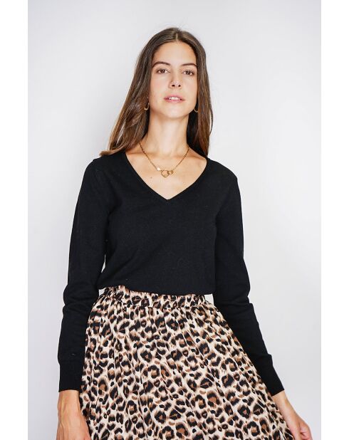 Pull col V classique à manches longues tricotage en 2 fils Grey noir