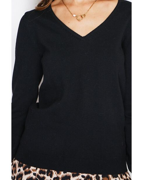 Pull col V classique à manches longues tricotage en 2 fils Grey noir