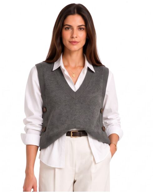 Pull col V sans manches boutonné en laine Annie gris loup