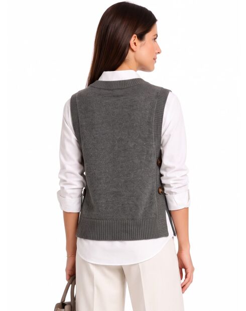 Pull col V sans manches boutonné en laine Annie gris loup