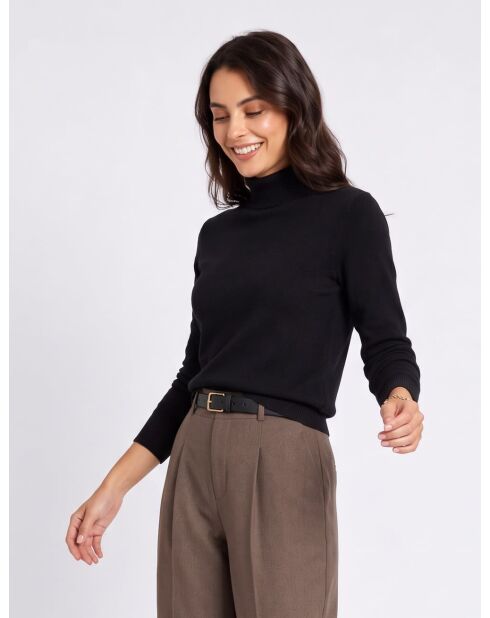 Pull col montant classique à manches longues tricotage en 2 fils Jeanne noir