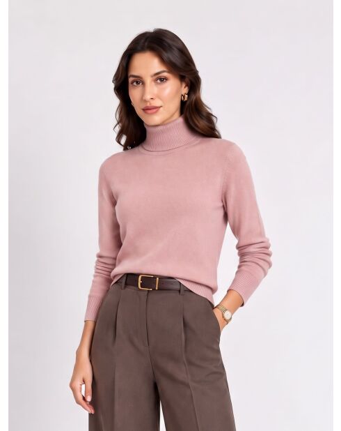 Pull col montant classique à manches longues tricotage en 2 fils Jeanne rose poudré