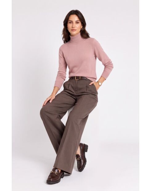 Pull col montant classique à manches longues tricotage en 2 fils Jeanne rose poudré