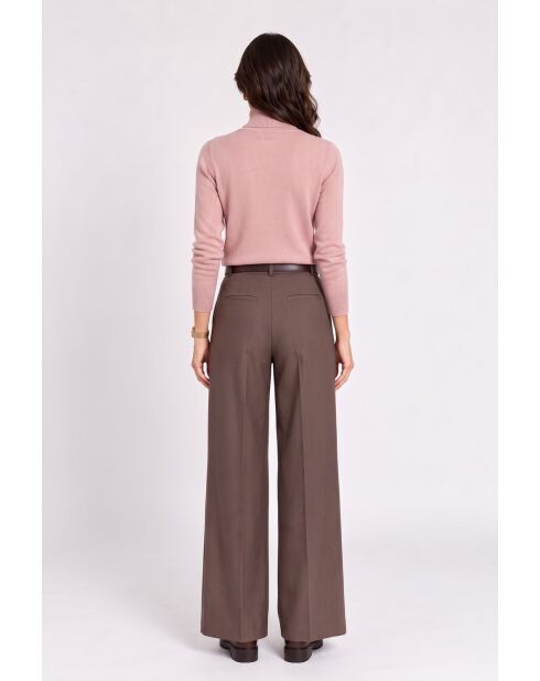 Pull col montant classique à manches longues tricotage en 2 fils Jeanne rose poudré