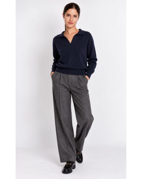 Pull col polo en V oversize à manches longues Hélène bleu nuit