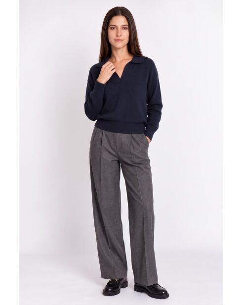 Pull col polo en V oversize à manches longues Hélène bleu nuit