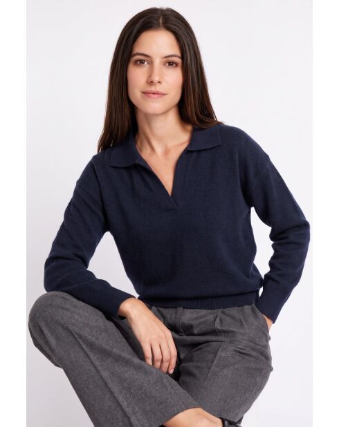 Pull col polo en V oversize à manches longues Hélène bleu nuit