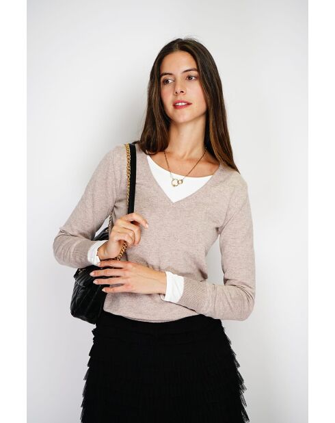 Jersey clásico con cuello en V y mangas largas tejido de 2 hilos Desert Grey