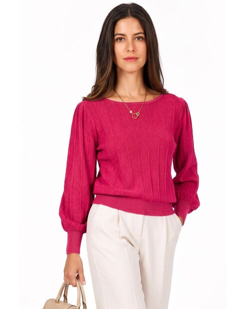 Pull col bateau tricotage fantaisie à manches longues ballon Joyce fuchsia