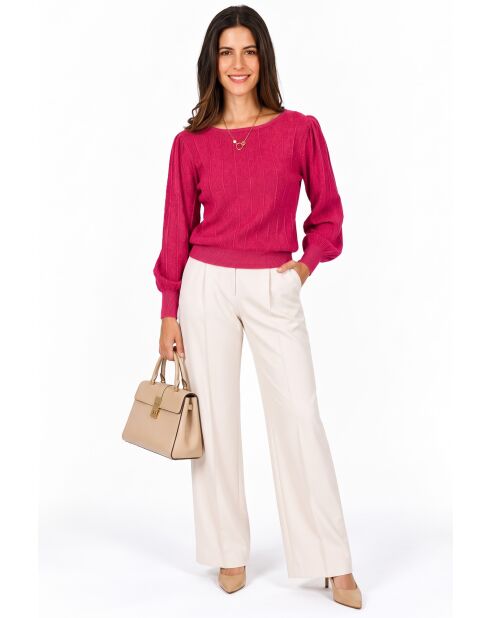 Pull col bateau tricotage fantaisie à manches longues ballon Joyce fuchsia