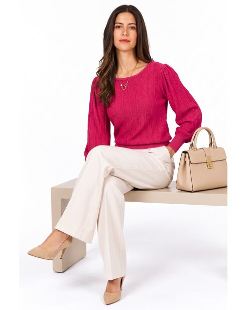 Pull col bateau tricotage fantaisie à manches longues ballon Joyce fuchsia