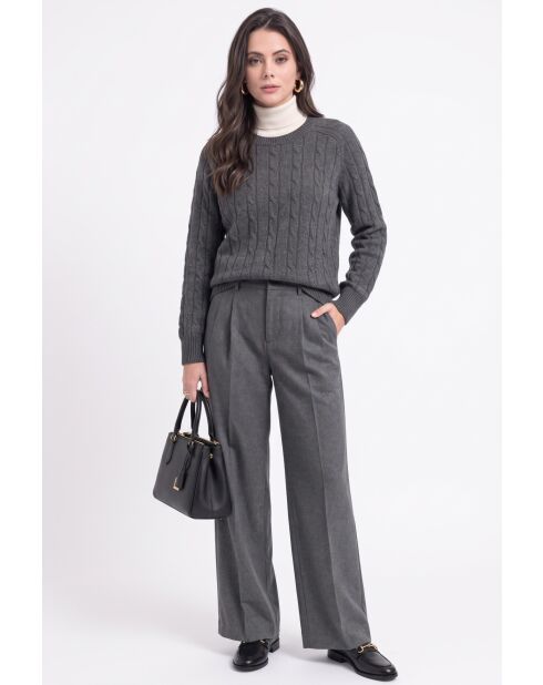 Pull torsadé col rond en laine Full gris loup