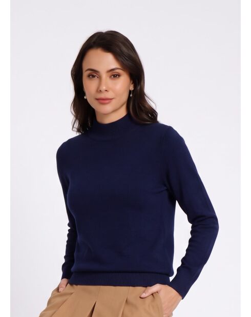 Pull col montant classique à manches longues tricotage en 2 fils Jeanne bleu nuit