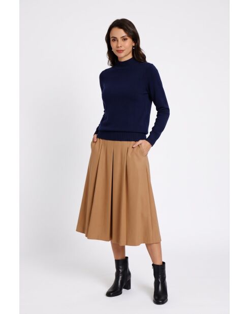 Pull col montant classique à manches longues tricotage en 2 fils Jeanne bleu nuit