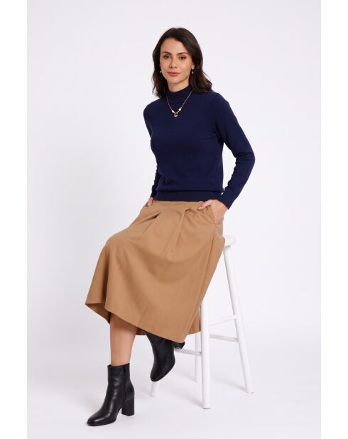 Pull col montant classique à manches longues tricotage en 2 fils Jeanne bleu nuit