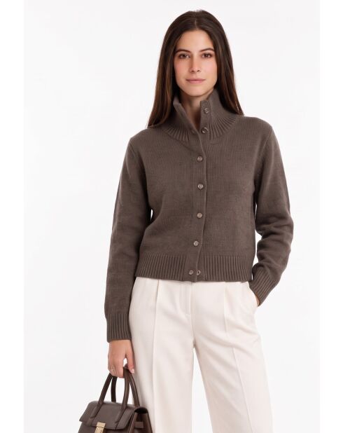 Mooi vest met hoge hals en knoopsluiting en lange mouwen van koffiewol