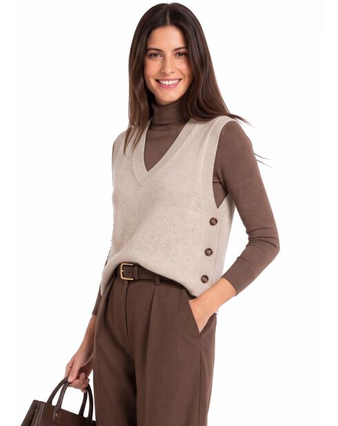 Cremefarbener ärmelloser Wollpullover mit V-Ausschnitt von Annie
