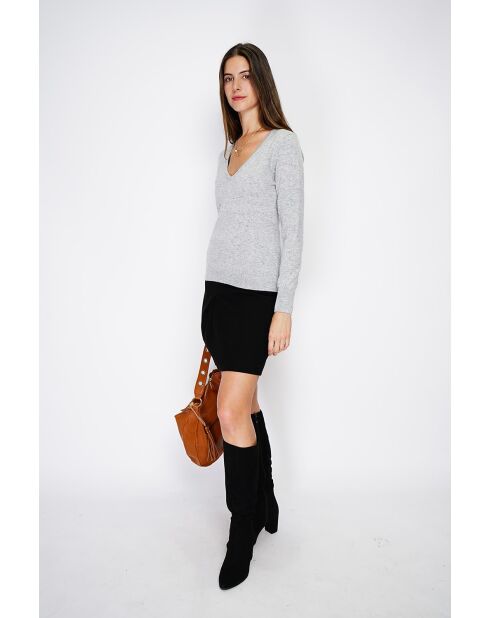 Pull col V classique à manches longues tricotage en 2 fils Grey givre