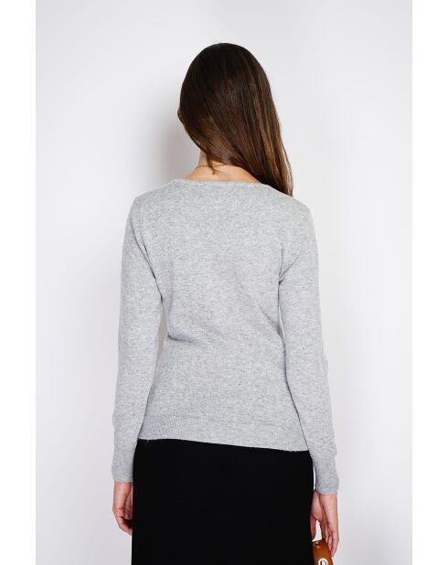 Pull col V classique à manches longues tricotage en 2 fils Grey givre