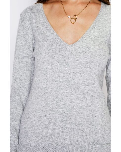 Pull col V classique à manches longues tricotage en 2 fils Grey givre