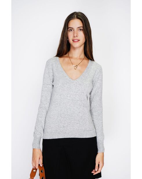 Pull col V classique à manches longues tricotage en 2 fils Grey givre
