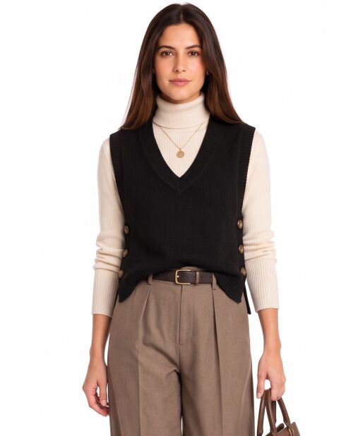 Pull col V sans manches boutonné en laine Annie noir