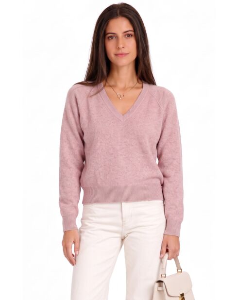 Pull col V à manches raglan longues, coupe ballon Jude rose poudré