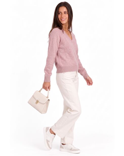 Pull col V à manches raglan longues, coupe ballon Jude rose poudré