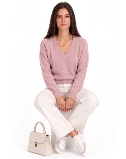 Pull col V à manches raglan longues, coupe ballon Jude rose poudré