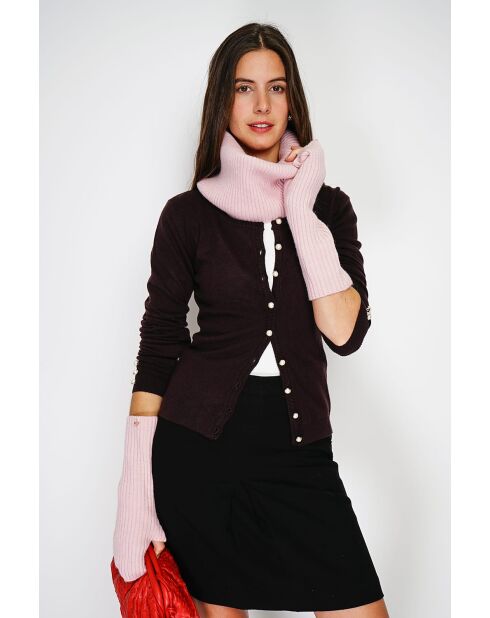 Guanti rosa in misto cashmere a costine aderenti a 12 fili