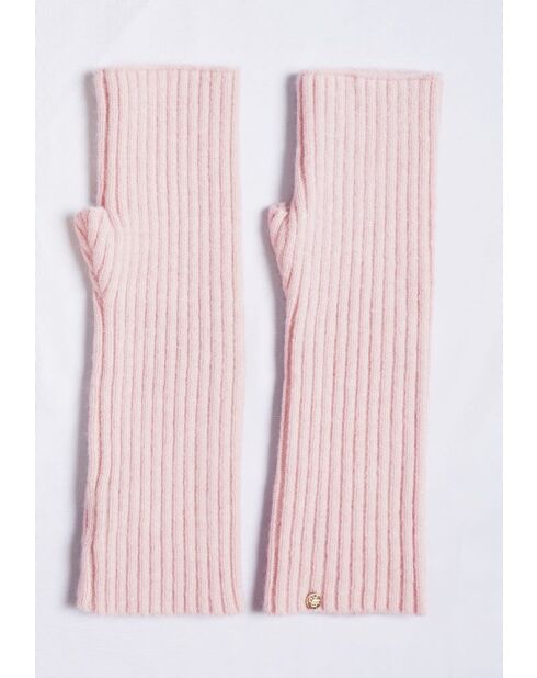 Guanti rosa in misto cashmere a costine aderenti a 12 fili