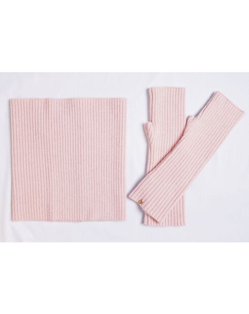 Guanti rosa in misto cashmere a costine aderenti a 12 fili